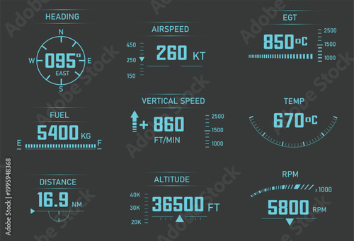 Futuristic Digital Aircraft Cockpit Instrument Panel HUD Display with Advanced Avionics Showing Heading Airspeed Altitude Fuel RPM Vertical Speed Temperature Distance and Flight Parameters