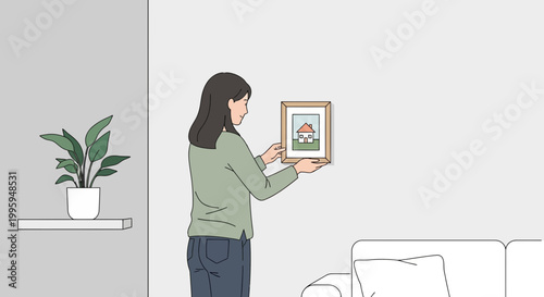 Woman Decorating Home Interior Hanging Picture Frame with House Illustration