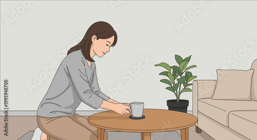 Woman kneeling, placing a mug on a coffee table in a cozy living room.