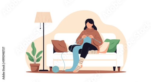 Woman knitting on sofa at home, cozy hobby, indoor leisure, creative pastime
