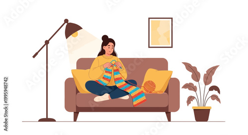 Woman knitting colorful yarn on sofa, cozy home scene with lamp and plant