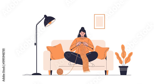 Woman knitting on sofa, cozy home hobby, relaxation, indoor activity, creative pastime