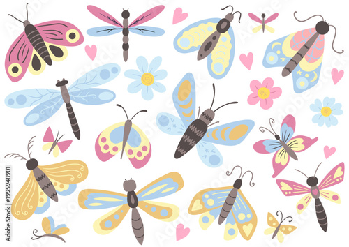 Set of cute butterflies in soft pink and blue tones with decorative wings and small hearts. Perfect for children's textiles, children's products.jpg