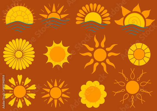 Set of bright sun icons. Perfect for weather apps, summer themes