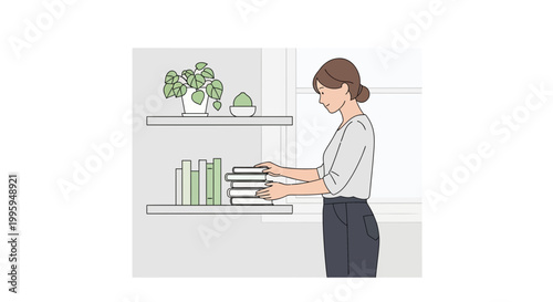 Woman organizing books on shelf, home interior, tidy living space, domestic chores