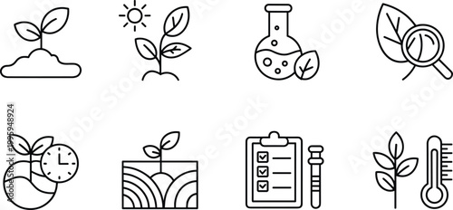 Plant growth icons set, eco gardening biology research symbols vector illustration collection design