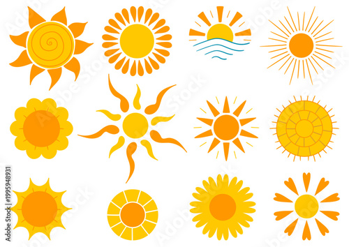Set of bright sun icons. Perfect for weather apps, summer themes