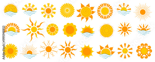 Set of bright sun icons. Perfect for weather apps, summer themes