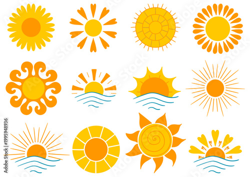 Set of bright sun icons. Perfect for weather apps, summer themes