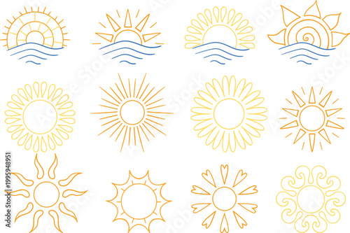 Set of bright sun icons. Perfect for weather apps, summer themes