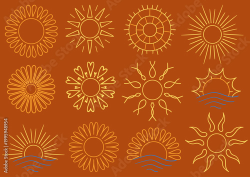 Set of bright sun icons. Perfect for weather apps, summer themes