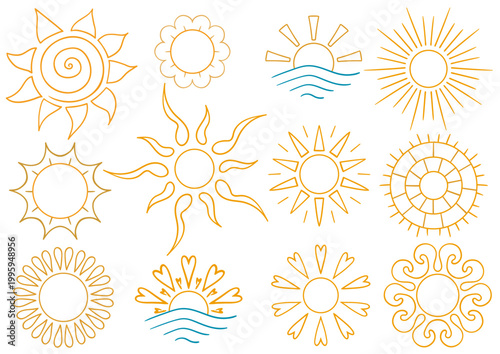 Set of bright sun icons. Perfect for weather apps, summer themes