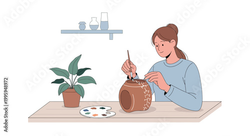 Woman painting ceramic pottery at a table with a plant and palette