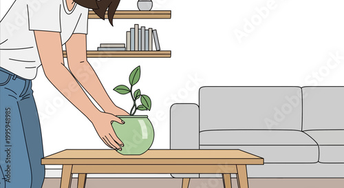 Woman placing a potted plant on a coffee table in a living room