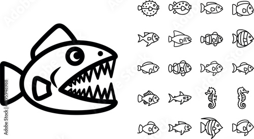 Collection of black and white cartoon fish including a large piranha and various smaller sea creatures