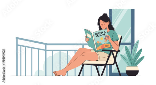 Woman reading travel magazine on balcony, enjoying leisure time and vacation planning