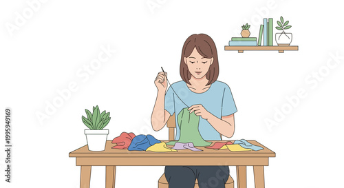 Woman sewing clothes at a table with colorful fabric scraps and plants