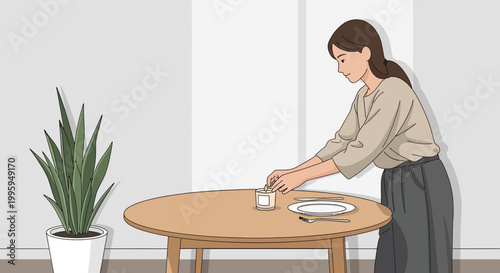 Woman setting table with plate, cutlery and candle for dinner, home interior