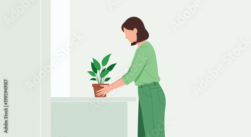 Woman tending to a potted houseplant on a windowsill, natural light, minimalist illustration