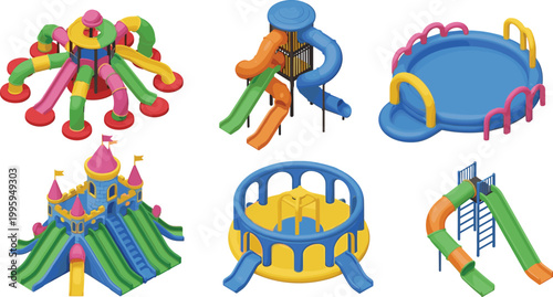 Colorful playground slides and water play equipment set illustrating children outdoor activities, amusement park attractions, summer fun, and recreational park vector illustration