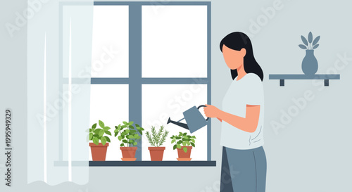 Woman watering potted plants on windowsill, home gardening, healthy lifestyle, natural light
