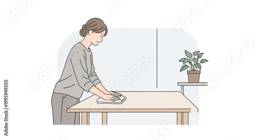 Woman wiping a table with a cloth, domestic cleaning, home hygiene, and tidiness