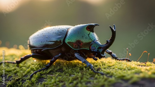 Extreme close-up of a rhinoceros beetle horn and head on a mossy background