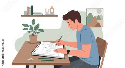 Young man drawing architectural plan in sketchbook at desk, creative hobby, focused work