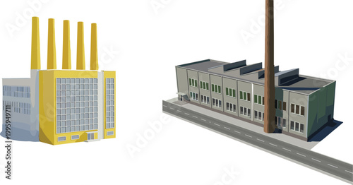 Industrial factory buildings set with chimneys and warehouses manufacturing plant architecture isometric vector illustration isolated on light background