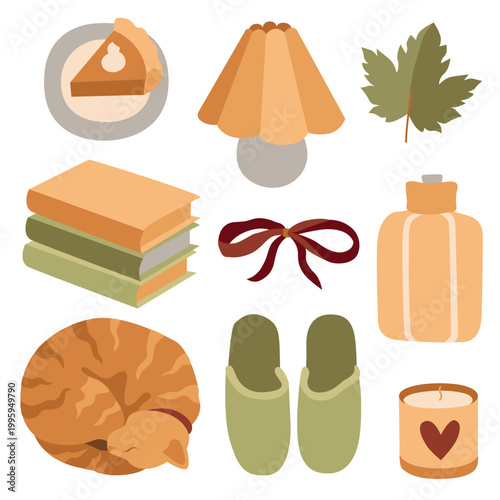 Hand-drawn autumn illustrations, maple leaf, cat, candle, books, pumpkin pie, lamp for packaging and fall vibes cozy projects