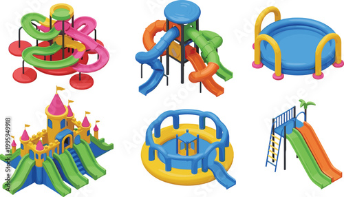 Children playground slides and water play structures set illustrating kids outdoor activities, amusement park equipment, summer fun, and colorful recreation vector illustration