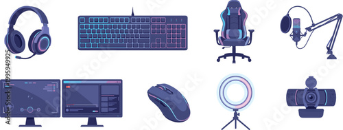 Gaming and Streaming Equipment Icon Set with Headphones, Keyboard, Mouse, Monitor, Microphone, Camera and Chair for Esports Setup and Content Creation Design