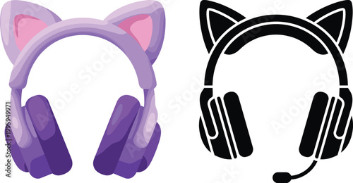 Cat Ear Headphones Vector Illustration Set with Gaming Headset Designs in Cute Colorful Style and Minimal Black Silhouette for Audio, Streaming and Esports Use