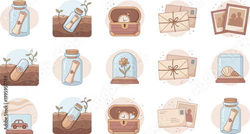 Vintage Memory and Time Capsule Icon Set with Message Bottles, Old Letters, Photos, Treasure Box and Nostalgic Keepsake Elements for Storytelling Design