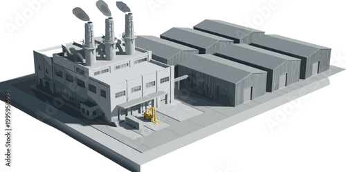Industrial factory complex with warehouses and chimneys isometric manufacturing plant infrastructure vector illustration isolated on light background