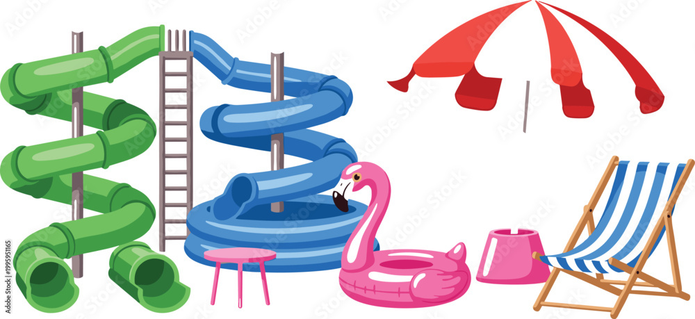 Εκτύπωση καμβά Colorful inflatable castles and water slides set illustrating kids amusement par