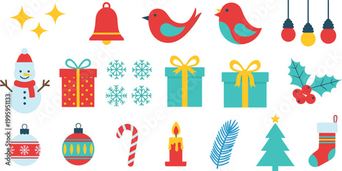 Christmas Flat Icons Set with Gifts, Snowman, Birds, Ornaments, and Festive Winter Elements.