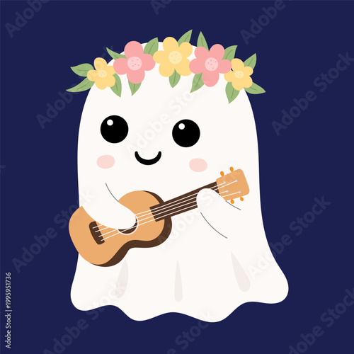 Cute ghost playing guitar musical spooky character fun halloween illustration