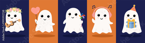 Cute ghost set adorable spooky characters playful halloween collection