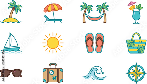 Summer Vacation Icon Set with Beach Elements Including Palm Tree, Sun, Flip Flops, Cocktail, Sailboat and Travel Accessories for Holiday Design