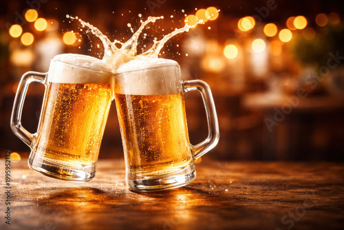 beer mugs clinking together in celebration, dynamic festival advertising style, foam splash detail, warm glowing light,