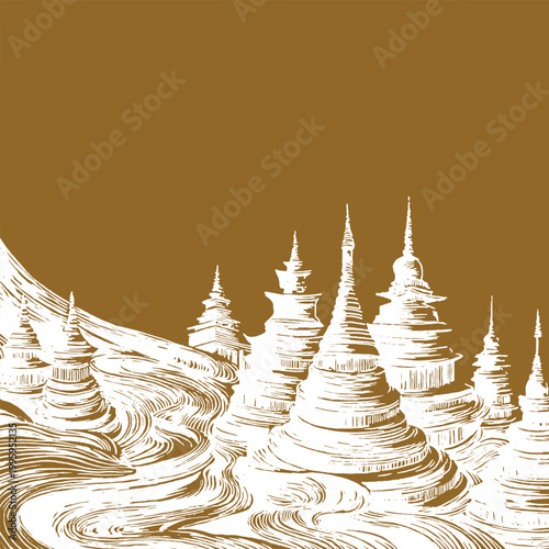 Hand drawn Thai inspired landscape background. Vintage woodcut style featuring a traditional pagoda tower, waterfall, and swirling clouds in brown and white. Serene artisan art.
