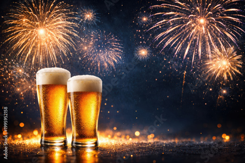 beer glasses with fireworks in background, night festival banner style, placed on bottom area, glowing reflections and bubbles detail, dramatic night lighting, dark blue and gold palette