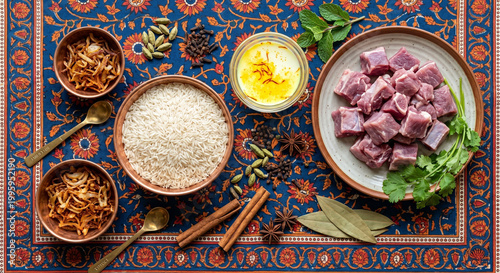 Overhead flat lay of Biryani ingredients on vibrant Jaipur block print cloth