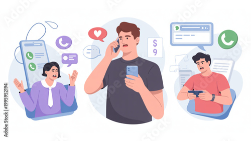 Flat vector illustration of a phone scammer making fraudulent calls to victims, cyber criminal holding smartphone with fake identity, worried people transferring money online, modern digital fraud con