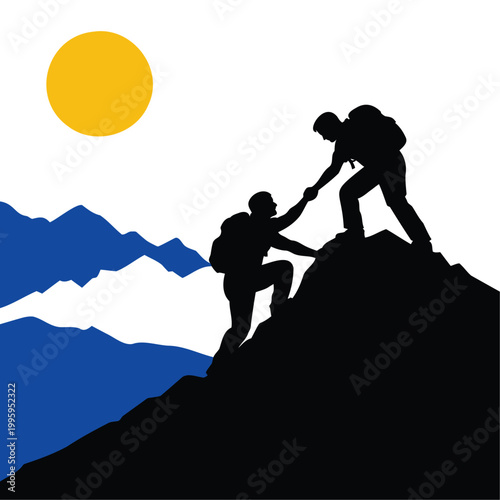 Silhouette of Hikers Helping Each Other on a Mountain Peak,Abstract Mountain Climbing Illustration with Blue Peaks and Sun,Achieving Success Together: Mountaineering Adventure at Sunrise