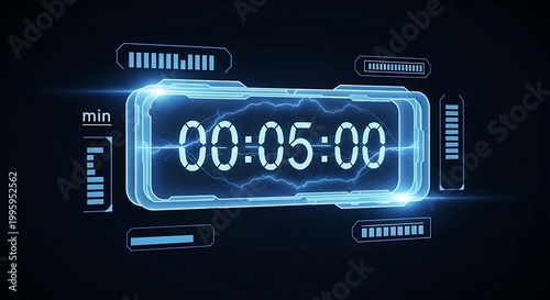 Digital timer displaying five minutes, futuristic technology concept.
