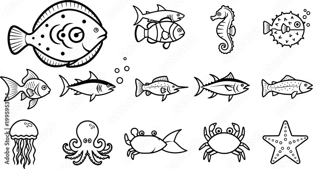 Obraz premium Collection of black and white line of various sea creatures and fish ocean marine life outline