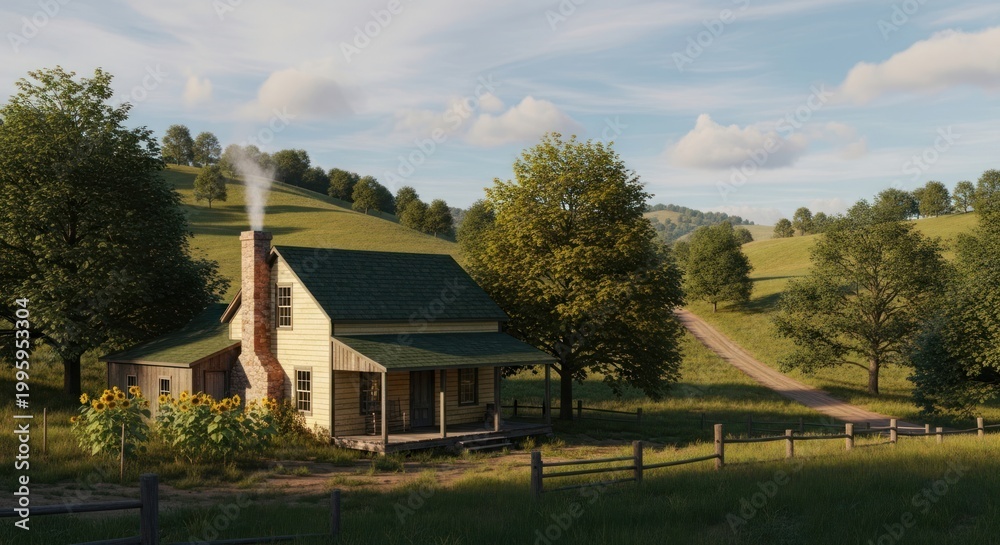 Obraz premium Rustic Cabin in Rolling Hills, Rural Landscape with Smoke from Chimney