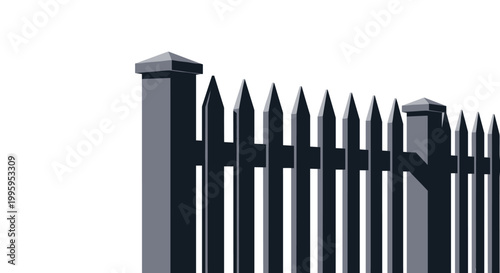 Dark grey picket fence with pointed tops is depicted in a perspective view creating a strong architectural boundary for a property.